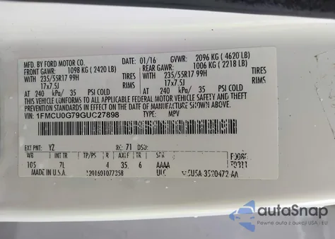 2016 Ford Escape Se из США, поврежденный, VIN 1FMCU0G79GUC27898